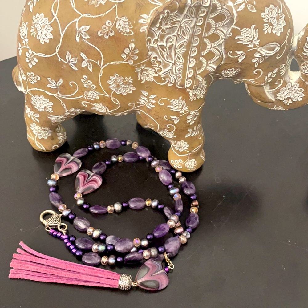 Long Amethyst Necklace 💜 Glass Heart Suede Tassel
